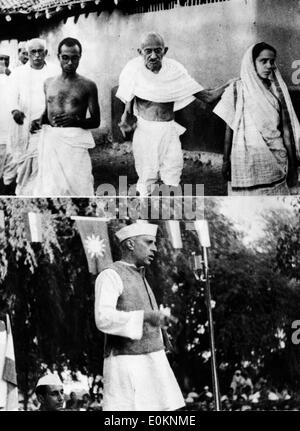 Mahatma Gandhi mit seiner Sekretärinnen und Helfer Stockfoto