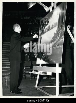 4. April 1953 - malt schneller für die Blim Erneuerungsbewegung 4000. Um seine 4000 Anhänger des Elim vier Sayre Evangeliums in der Albert-Hölle verdeutlichen, bekam London letzte Nacht, Pastor Willard Cantelon, von Washington, D.C., seine Paare. Ein in 15 Minuten hatte, absolvierte er ein Bild in Ölen des Ortes, wo Christus im Fluss Jordan getauft wurde, gab es keine Zahlen, entweder Jesus oder jemand anderes - es war eine reine Landschaft in den Farben hell und einfach gemacht Stockfoto