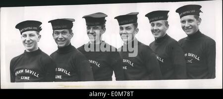 11. November 1953 - Boys als Teil der Crew der Liner Gotik. Keystone Fotoshows: sechs 16 Jahre alten jungen Segler aus zwei Schulen, wird Teil der Besatzung der Liner Gothic bilden, wenn sie die Königin auf ihrem Commonwealth-Tour trägt. Die jungen, auf der Zwischenlage bei King George V Dock heute zu sehen sind: (L, R): James Ewing, der Port Glasgow; John Holness, von Ramsgate; Arnold Herscott, Barnet, Herts; Lionel Gray, von Dover; Rodney Sadler, Hythe, Kent und John Wells, von Alton, Hants. Stockfoto