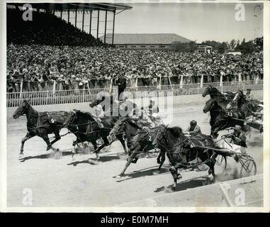 1. Januar 1954 - Royal New Zealand Tour... Königin der Trabrennen beobachten... Foto zeigt: Kurz vor dem Ziel eines behinderten Rennens für Traber bei der New Zealand Metropolitan Trab Club Royal-Versammlung im Addington. Auf dem Bild kann gesehen Nr. 2 sein. "Windschatten" der Gewinner; Nr. 13 '' Wodka '', der zweite Platz einnahm und Nr. 6. '' Excellenza'' Dritten... Die Veranstaltung wurde von HM The Queen und der Duke of Edinburgh beobachtet. Stockfoto