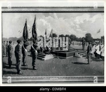 16. Juli 1954 - Ausstellung mit Bildern von Terence Cuneo. Eine Ausstellung der Arbeiten von Terence Cuneo einschließlich seiner Malerei der feierlichen Krönungen - welche Maßnahmen 10 ft von 7 ft. und die von HM The Queen ausgeliehen worden - ist in den R.W.S. Galleries, London statt. W.1. Foto zeigt die Darstellung der Farben von H.M.King George VI in Aldershot 19.. Juli 1950.'' -durch Terence Cuneo. Stockfoto