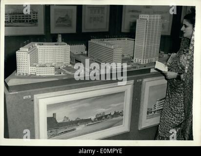 5. Mai 1956 - Tag der Vernissage - Royal Academy. Modell des neuen Bürogebäudes in Show: Fotos durften bei der Vernissage der Royal Academy Sommer Ausstellung heute zum ersten Mal. Foto zeigt das verkleinerte Modell der wichtigsten Ämter der Marquise von Manchester anschaut die Unternehmensgruppe der Royal Dutch Shell Öl am Südufer, London bauen wollen. Es wurde von Sir Howard Robertson A.R.A entworfen. Stockfoto