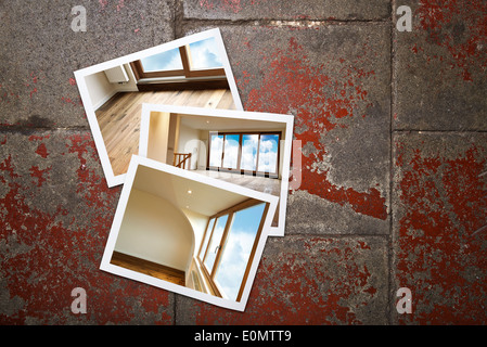 Sofortbild Rahmen zeigen renovierte Wohnung auf Grunge Hintergrund Stockfoto