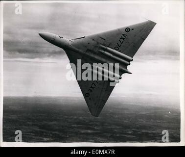 10. Oktober 1956 - Avro Vulcan Flugzeug stürzt auf dem Flughafen London am Ende 26.000 Meilen Tour. Der Dachdecker Avro Vulcan vier jet-Bomber stürzte am Flughafen London heute Morgen, als sie dabei war, am Ende ihrer 26.000 Meilen - dreiwöchigen Tour durch Australien und Neuseeland zu landen. Sie ist gedacht, um ein Objekt auf der Landebahn getroffen zu haben. Foto zeigt die Avro Vulcan Jet-Bomber. Stockfoto