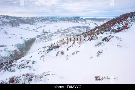 Schnee über das Loch des Horcum mitten in den North York Moors in der Nähe von Dorf Goathland, Yorkshire, Großbritannien. Stockfoto