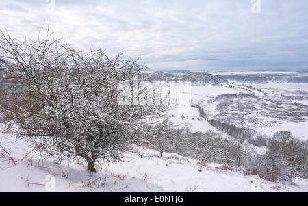 Schnee über das Loch des Horcum mitten in den North York Moors in der Nähe von Dorf Goathland, Yorkshire, Großbritannien. Stockfoto