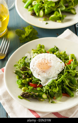 Gesunde Scafata mit pochiertem Ei und Spargel Stockfoto