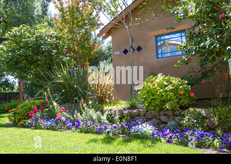 Südwestliche Art Schuppen zwischen Blumen und üppiger Vegetation in einem schönen begrünten Hinterhof-Garten Stockfoto