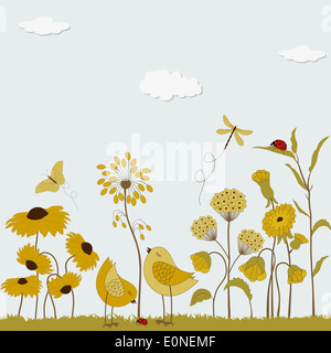 Blumenkarte mit Vögel, Schmetterlinge und Blumen Stockfoto