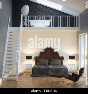 Loft-Schlafzimmer Vintage Innenraum mit Ziegel Wand und Badewanne Stockfoto