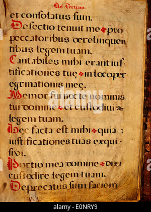 Eine Seite aus einem spanischen Chormanuskript mit mittelalterlicher Notation. Das Manuskript ist ein wichtiges historisches Artefakt im Studium der religiösen Musik in Spanien während des Mittelalters. Stockfoto