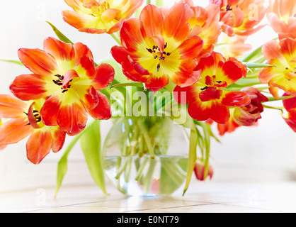 Stillleben mit roten gelbe Tulpe Blumen in eine Glasschüssel Stockfoto