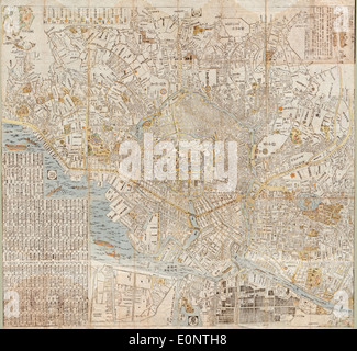 Ein Umrissplan von Edo, heute Tokio, Japan, der das Layout der Stadt während der Edo-Zeit detailliert beschreibt. Diese Karte bietet Einblicke in die Stadtentwicklung und Stadtplanung Japans vor der Modernisierung. Stockfoto