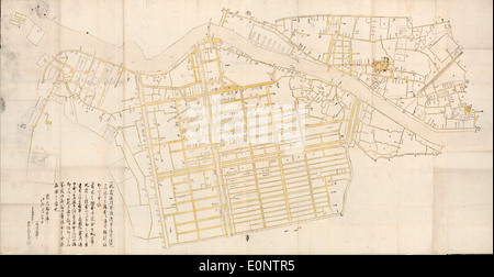 Eine detaillierte Karte der Vororte von Edo (heute Tokio), einschließlich Fukagawa, Honjo und Asakusa. Der Plan bietet Einblicke in die städtische Entwicklung dieser Gebiete während der frühen Edo-Zeit. Stockfoto