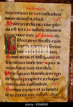 Dieses Bild zeigt eine Seite aus einer spanischen Gesangshandschrift, die religiöse und musikalische Geschichte zeigt. Das Manuskript spiegelt die spanische Tradition des liturgischen Gesangs wider. Stockfoto