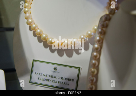 Australien, Western Australia, Broome. Die Innenstadt von Broome, Pearl Loggern Museum. Perle Showroom, Stränge von Perlenketten. Stockfoto