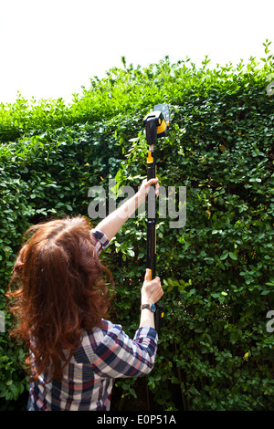 Frau trimmen Hecke mit einem schnurlosen elektrischen Heckenschere Stockfoto