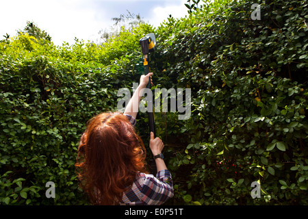 Frau trimmen Hecke mit einem schnurlosen elektrischen Heckenschere Stockfoto