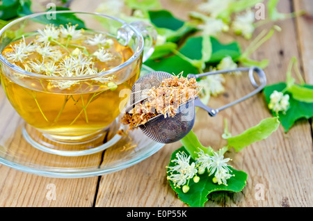 Metallsieb mit getrockneten Blüten von Kalk, frische Blumen Linden, Tee in Glastasse auf dem Hintergrund von Holzbrettern Stockfoto