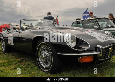 Bridge of Allan, Schottland. 18. Mai 2014. Stirling und Bezirk Classic Car Club 10. jährlichen Car show in Strathallan Spielpark, Bridge of Allan statt. Das Ereignis ausgelöst hat, Geld für verschiedene Wohltätigkeitsorganisationen. Die Autos wurden in Kategorien eingeteilt.  Ein klassischer Jaguar E - Type. Dies ist einer der 50 Sonderausgabe Autos. Bildnachweis: Andrew Steven Graham/Alamy Live-Nachrichten Stockfoto