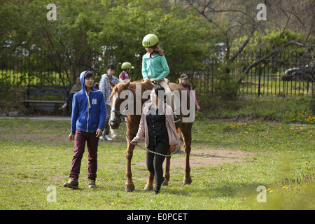 Behinderte Kinder erhalten Entwicklungs-Therapie, bekannt als Hippotherapie Reiten lernen. Prospect Park in Brooklyn, NY Stockfoto