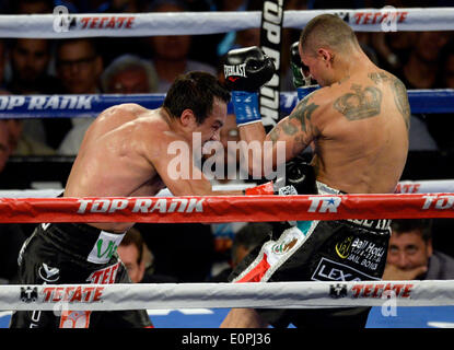 17. Mai 2014.  INGLEWOOD CA. (im trim Stamm Blk/Red) Mexikos Juan Marquez geht 12 Runden mit Mike Alvarado Samstag im Los Angeles Forum. Juan Marquez holte den Sieg durch einstimmigen Beschluss für die (WBO)-Titel im Weltergewicht Beseitigung Bout Titel. Fotos von gen Blevins/LA DailyNews/ZumaPress (Kredit-Bild: © gen Blevins/ZUMAPRESS.com) Stockfoto