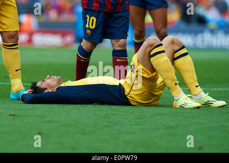 Diego Costa (Atletico de Madrid) ist verletzt, während La Liga Fußball Spiel zwischen FC Barcelona und Atletico de Madrid im Camp Nou Stadion in Barcelona, Spanien, Samstag, 17 Mai, 2014. Foto: S.Lau Stockfoto