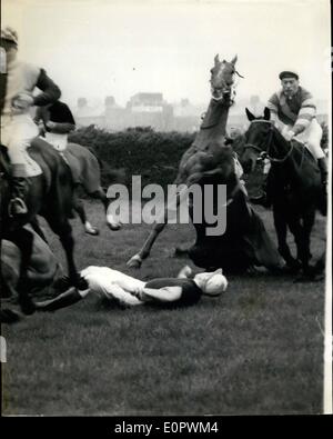 3. März 1957 - '' Sonnentau '' gewinnt den nationalen: Sonnentau, geritten von F. Winter, gewann gestern das Grand National in Aintree. Foto zeigt Rendez Vous krank und seine Jockey, A. Freeman, gekommen, um Trauer am ersten, Zaun, während des Rennens. Stockfoto