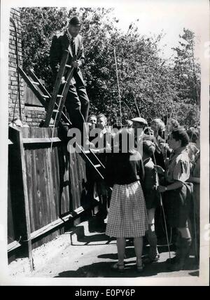 5. Mai 1957 - schlagen die Grenzen Zeremonie: Der alte Brauch, schlagen die Bounde der Pfarrei Chipping Barnet, erfolgte heute. Es wurde zuletzt im Jahre 1933 durchgeführt. Bild zeigt: Stadtrat J.M Keyworth, Vorsitzender des Barnet Urban District Council, klettert über einen Zaun mit der Tat von einer Leiter, um die Grenzlinie zu folgen-während die heutige Zeremonie, von einheimischen Kindern, bewaffnet mit ihrer Weide Zauberstäbe beobachtet. Stockfoto