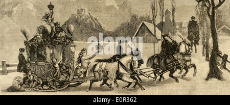 Ludwig II von Bayern (1845-1886). König von Bayern. Der König in Schlitten unterwegs. Gravur. Stockfoto