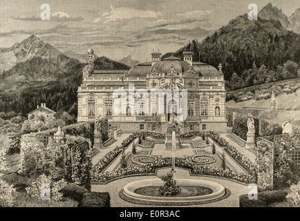 Ludwig II von Bayern (1845-1886). König von Bayern. Schloss Linderhof. Gravur. Stockfoto