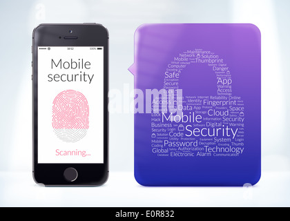 Direkt Vorderansicht der Fingerabdruck Scannen Smartphone-Bildschirm mit Word Cloud Aufkleber über mobile Sicherheit. Stockfoto