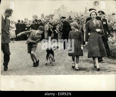 10. August 1958 - grüßt die walisischen Collie des Prinzen von Wales; Zuschauer zu Lächeln, als der Prinz von Wales flink Randbemerkungen wie bekommt er Schritte eine echte königliche Begrüßung aus einem walisischen Hund - wann, mit seinen Eltern - die Königin und der Duke of Edinburgh- und Schwester Prinzessin Anne - er ging auf walisischen Boden zum ersten Mal gestern seit Erhalt seines Titels. Die königliche Partei kam an Land im Heiligen Kopf aus der Royal Yacht Britannia. Stockfoto