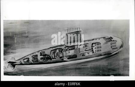 6. Juni 1959 - Layout Zeichnung von Großbritanniens erste nukleare u-Boot: eine Admiralität Künstlers bereit, die Position der die Hauptfächer in der nuklearen u-Boot-Dreadnought anzuzeigen, die auf der Barrow-in-Ofen-Werft von Vickers-Armstrongs (Schiffbauer) Ltd festgelegt werden heute (12. Juni). Bei Barrow-in-Furness ist es H.R.H The Duke of Edinburgh, den '' Kiel '' - eine vorgefertigte kreisförmigen Querschnitt der Beschichtung - Dreadnought, die der Royal Navy erste Atom-u-Boot angetrieben werden Stockfoto