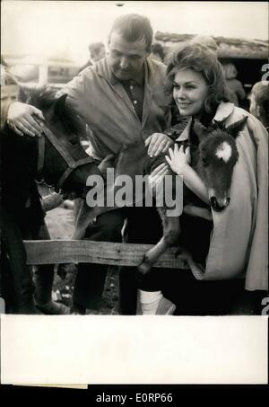 4. April 1960 - Kim Novak Christine A Young Filly On The Deauville Beach: Berühmte Schauspielerin Kim Novak, der verbringt derzeit einige Tage in Deauville, wurde gestern bei einem Spaziergang mit einem schönen Filly gesehen sie Christine am Strand. Foto zeigt Kim Novak unter das Stutfohlen in ihr Arme, im Bild mit dem Paten, M.F. Jardiniere, der Besitzer des Tieres. Stockfoto