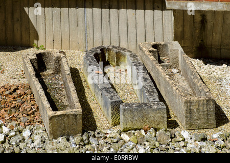 Mittelalterliche Steinsärge ausgegraben von St. Marys Abbey, Winchester, Hampshire, England, UK Stockfoto