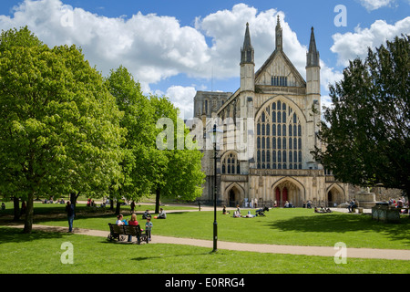 Kathedrale von Winchester, Hampshire, England, UK - mit Menschen, die im Park entspannen Stockfoto