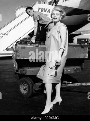 Schauspielerin Zsa Zsa Gabor am Flughafen Stockfoto