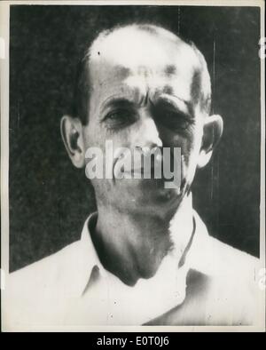 6. Juni 1960 - erste Porträt von Adolf Eichmann seit Gefangennahme durch Agenten des israelischen Geheimdienstes.: Dies ist das erste Porträt von Adolf Eichmann, die behauptet wird, um der weltweit berüchtigsten Killer - werden heute von seinen Fängern - israelischen Geheimdienst Männer ausgestellt. Er wird beschuldigt, die schreckliche effiziente System der Organisation mans Vernichtung der Juden zwischen 1938-1945 - durch die Gaskammer und anderer Methoden. Eichmann ist jetzt 53. Eichmann wurde in Argentinien von Geheimagenten der israelischen Regierung - nach Monaten der sorgfältigen Untersuchung verhaftet. Stockfoto