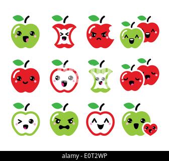 Niedlichen roten Apfel und grünem Apfel Kawaii Icons set Stock Vektor