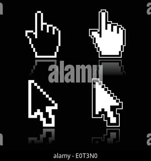 Weiße Pixel Cursor - Pfeil und Bogen Hand Symbole auf schwarzem Hintergrund Stock Vektor