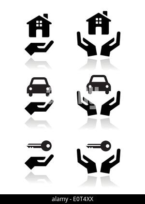 Haus, Auto, Schlüssel mit Händen Icons set Stock Vektor
