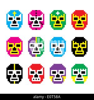 Lucha Libre, Luchador pixelig mexikanische Wrestling Masken Symbole Stock Vektor