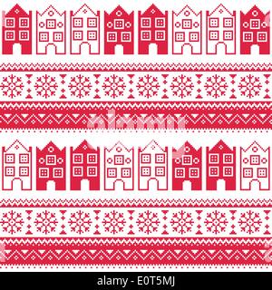 Weihnachten nahtlose Strickmuster mit Bürgerhäusern und Schneeflocken Stock Vektor