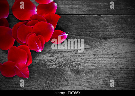 Rote Rosenblüten auf einem rustikalen hölzernen Hintergrund Stockfoto