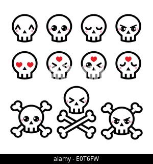 Kawaii niedlich Halloween Schädel Symbole festlegen Stock Vektor