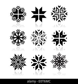 Schneeflocken Symbol auf schwarzen und weißen Hintergrund Winter Weihnachten Icons Set - Schneeflocken isoliert auf weißem Stock Vektor