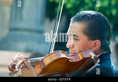 Close-up Geiger spielen Violine Straße Straßenmusiker Guanajuato Mexiko Stockfoto