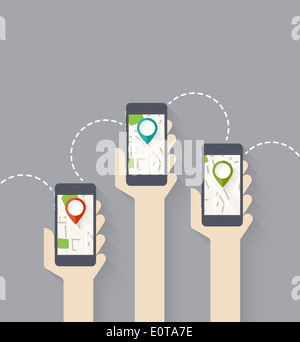 Design für ca. Hände halten Smartphone mit GPS-Karte. PIN-Zeiger. Vektor-illustration Stockfoto