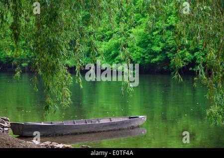 Holzboot nahe dem Ufer des Sees Stockfoto